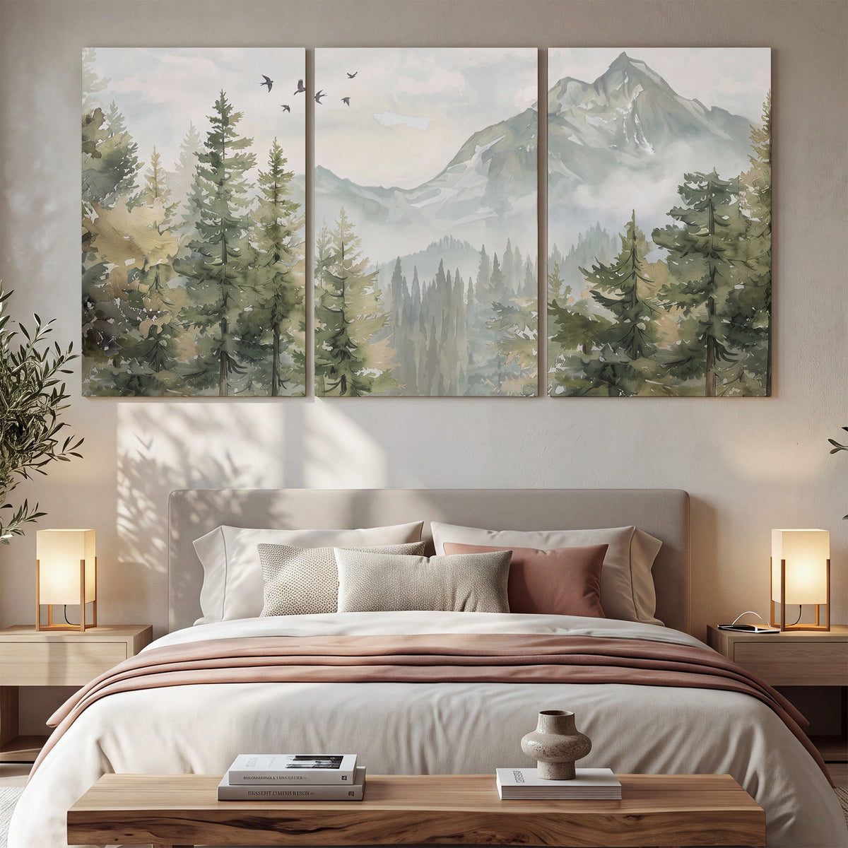 Soft green mountain peaks and evergreen trees beneath birds 3 piece canvas wall art displayed in a bedroom
