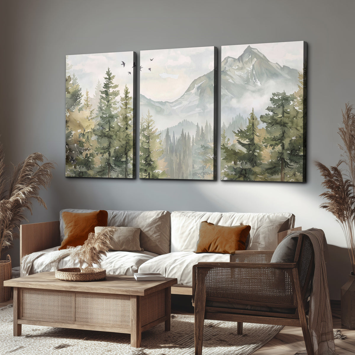 Soft green mountain peaks and evergreen trees beneath birds 3 piece canvas wall art displayed in a rustic living room