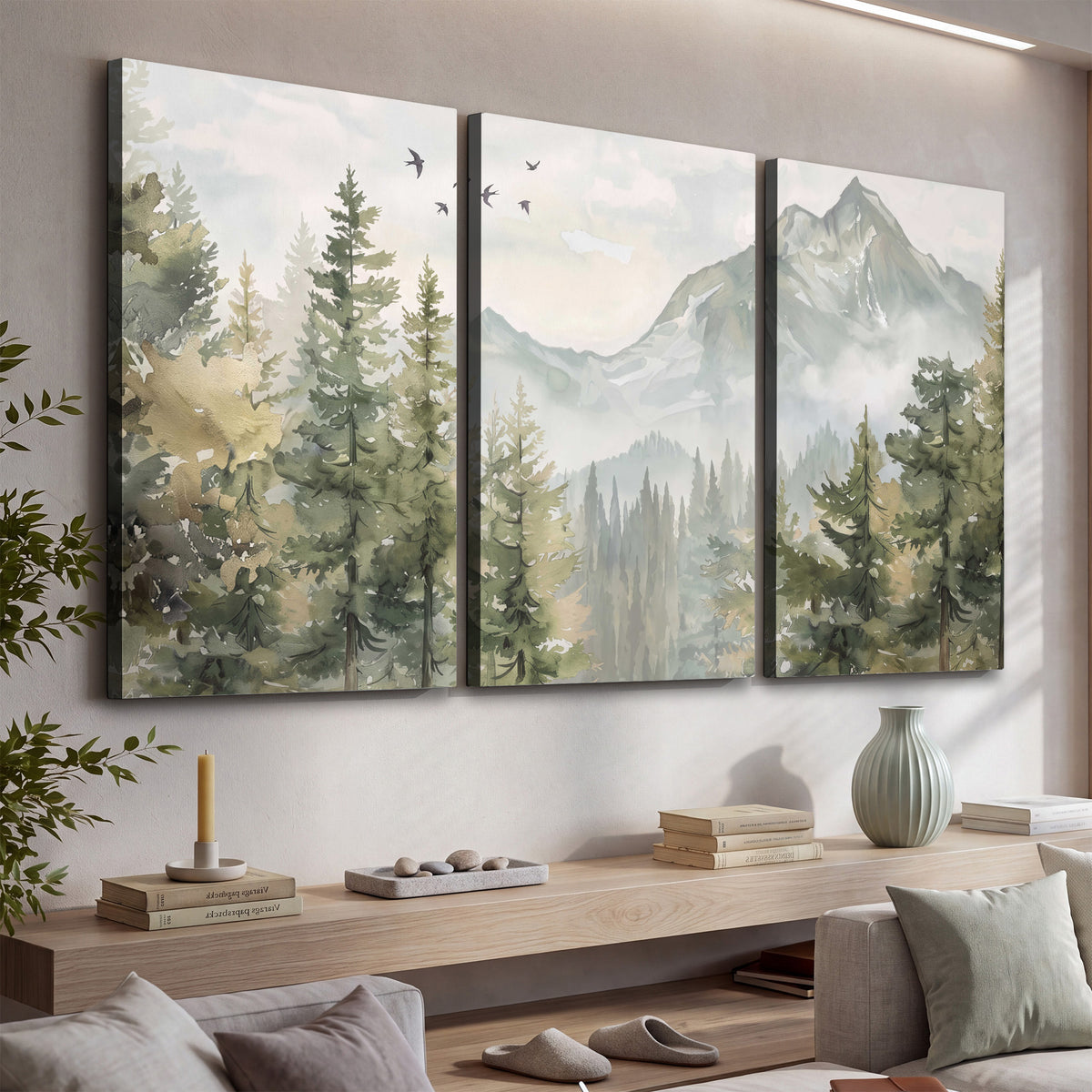 Soft green mountain peaks and evergreen trees beneath birds 3 piece canvas wall art displayed in a console