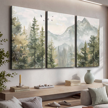 Soft green mountain peaks and evergreen trees beneath birds 3 piece canvas wall art displayed in a console