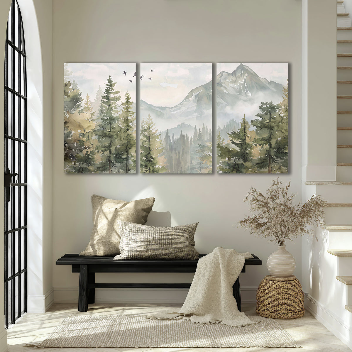 Soft green mountain peaks and evergreen trees beneath birds 3 piece canvas wall art displayed in a entryway