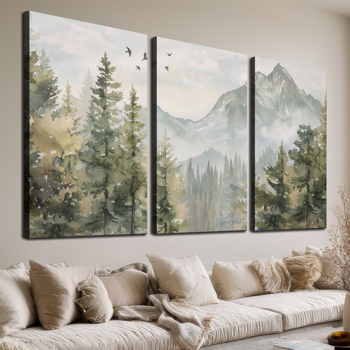 Soft green mountain peaks and evergreen trees beneath birds 3 piece canvas wall art room and product view