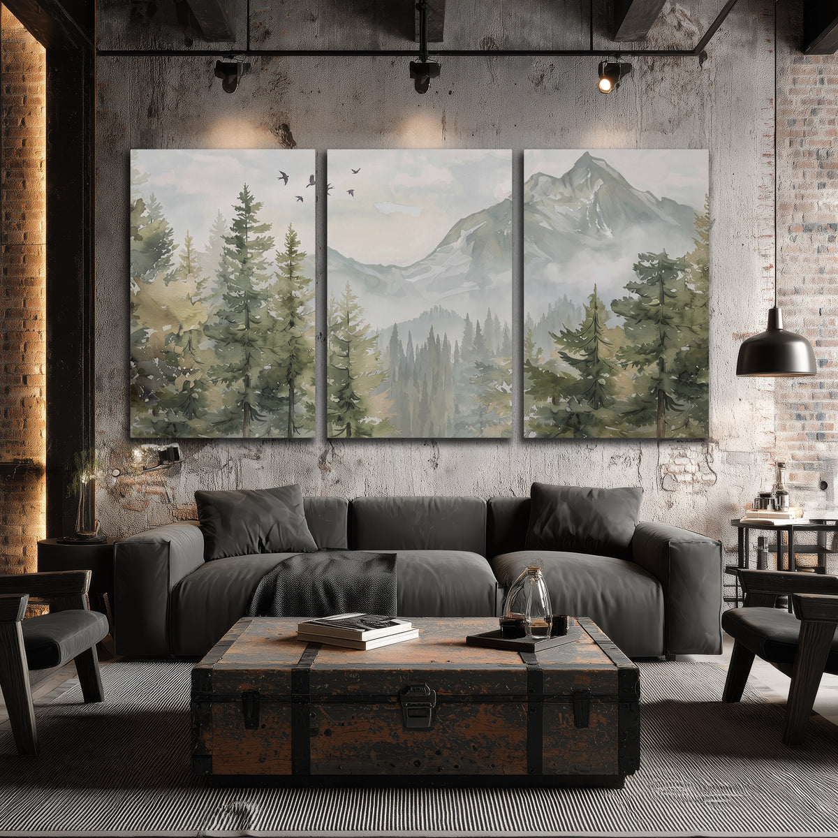 Soft green mountain peaks and evergreen trees beneath birds 3 piece canvas wall art displayed in a industrial room
