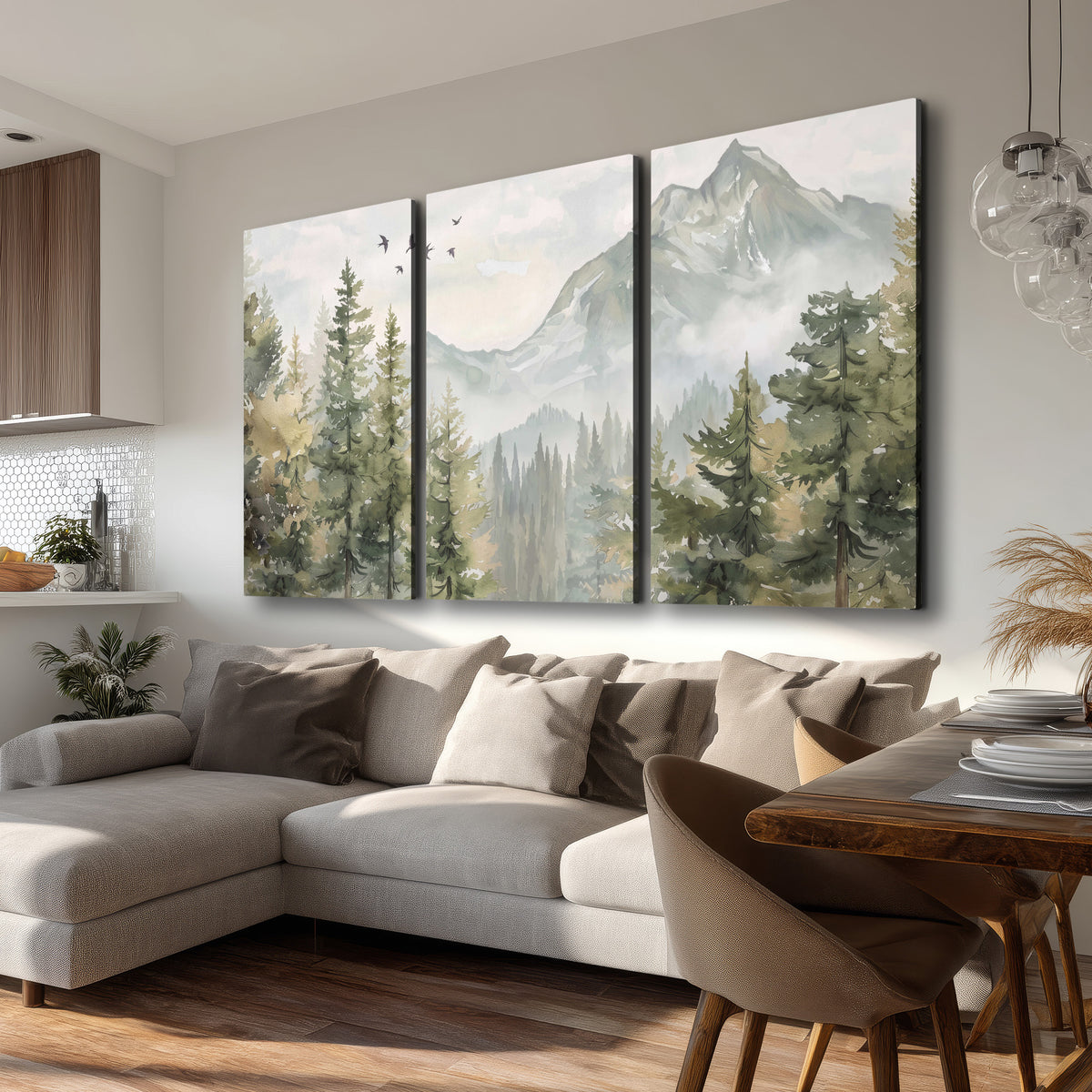 Soft green mountain peaks and evergreen trees beneath birds 3 piece canvas wall art room and product view