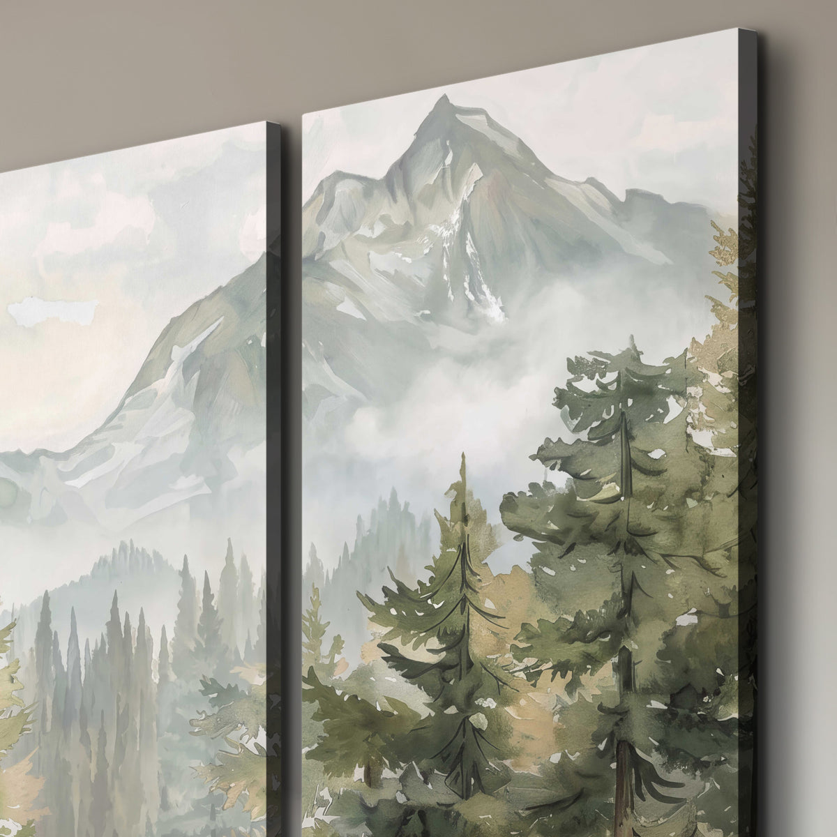 Soft green mountain peaks and evergreen trees beneath birds 3 piece canvas wall art room and product view