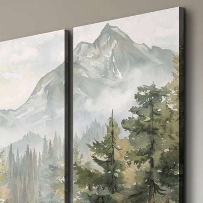 Soft green mountain peaks and evergreen trees beneath birds 3 piece canvas wall art room and product view