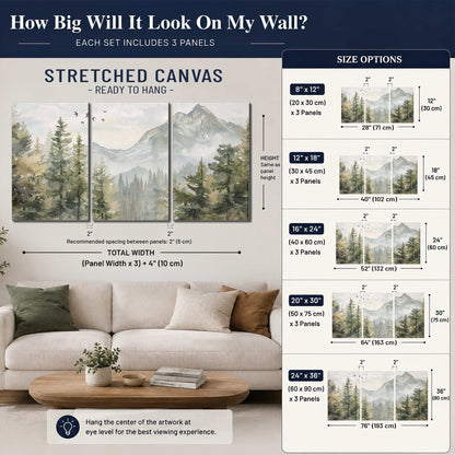 Soft green mountain peaks and evergreen trees beneath birds 3 piece canvas wall art size guide above a sofa; room view is illustrative