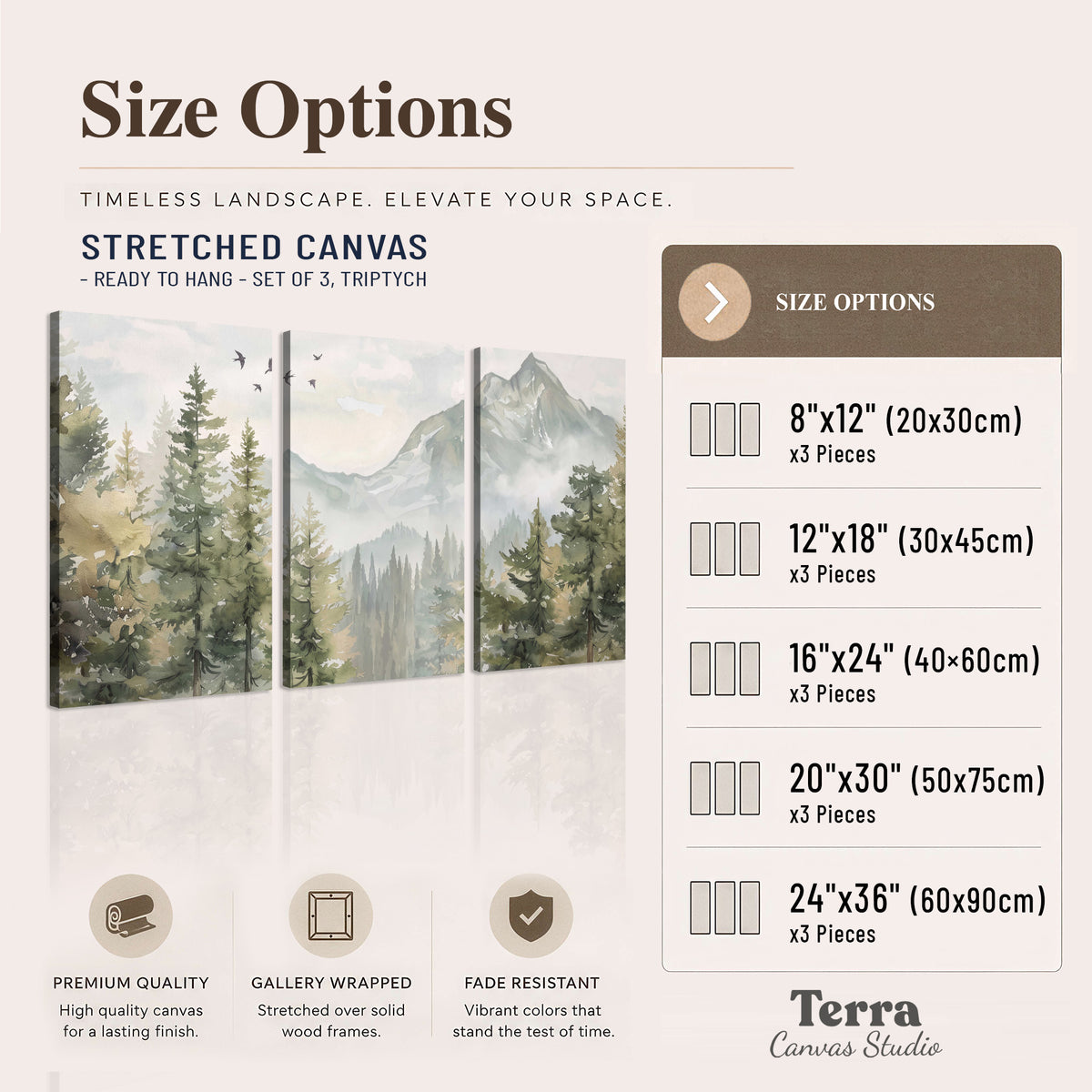 Soft green mountain peaks and evergreen trees beneath birds 3 piece canvas wall art available dimensions; triptych dimensions are per panel