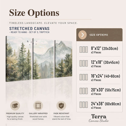 Soft green mountain peaks and evergreen trees beneath birds 3 piece canvas wall art available dimensions; triptych dimensions are per panel