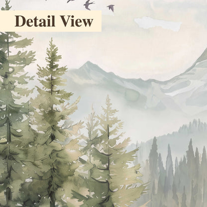 Soft green mountain peaks and evergreen trees beneath birds 3 piece canvas wall art artwork detail close up