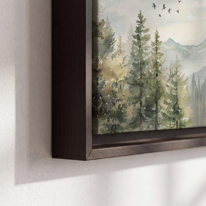 Soft green mountain peaks and evergreen trees beneath birds 3 piece framed canvas wall art material and edge close up