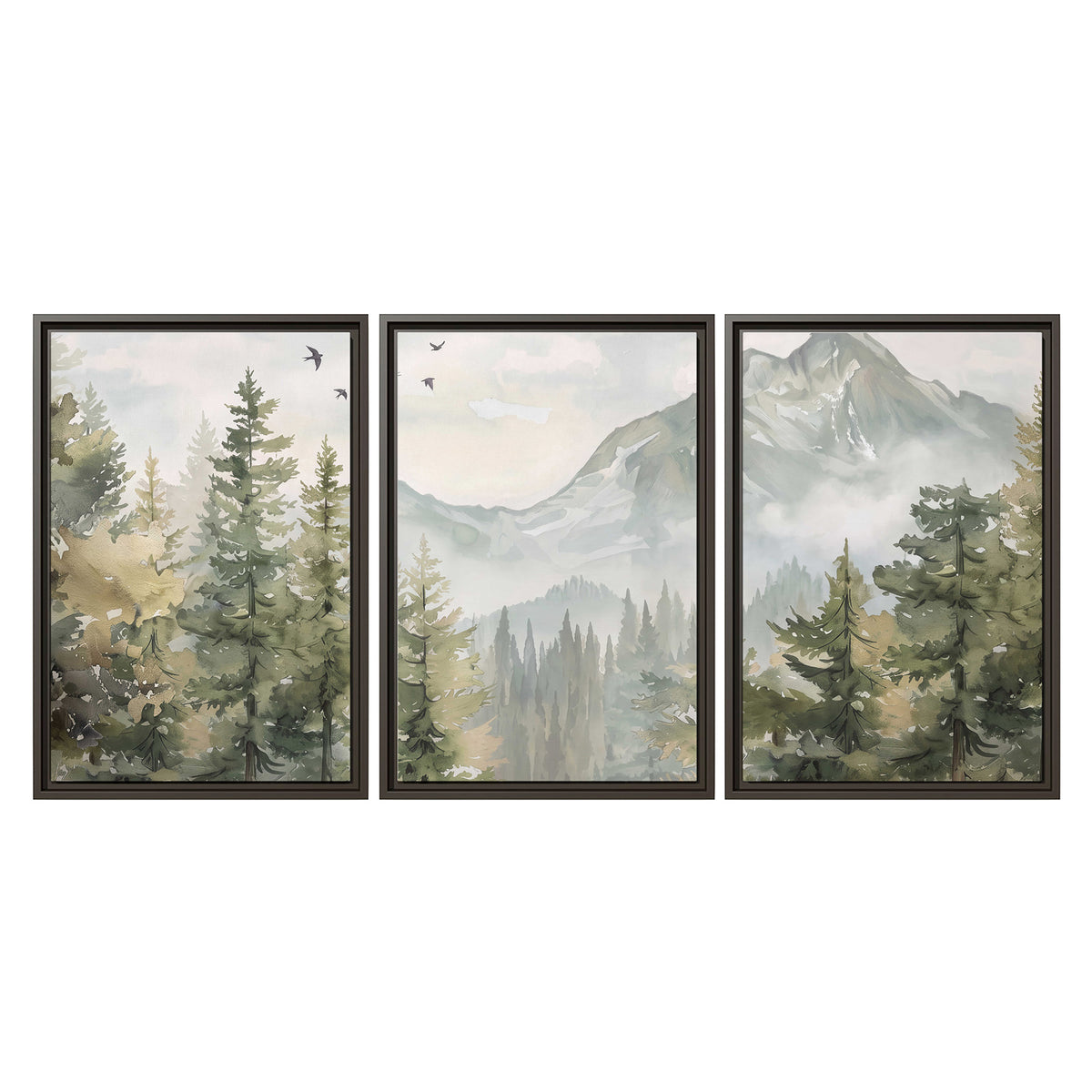 Soft green mountain peaks and evergreen trees beneath birds 3 piece framed canvas wall art viewed straight on