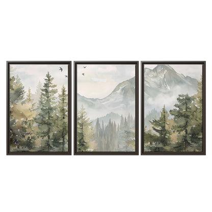 Soft green mountain peaks and evergreen trees beneath birds 3 piece framed canvas wall art viewed straight on