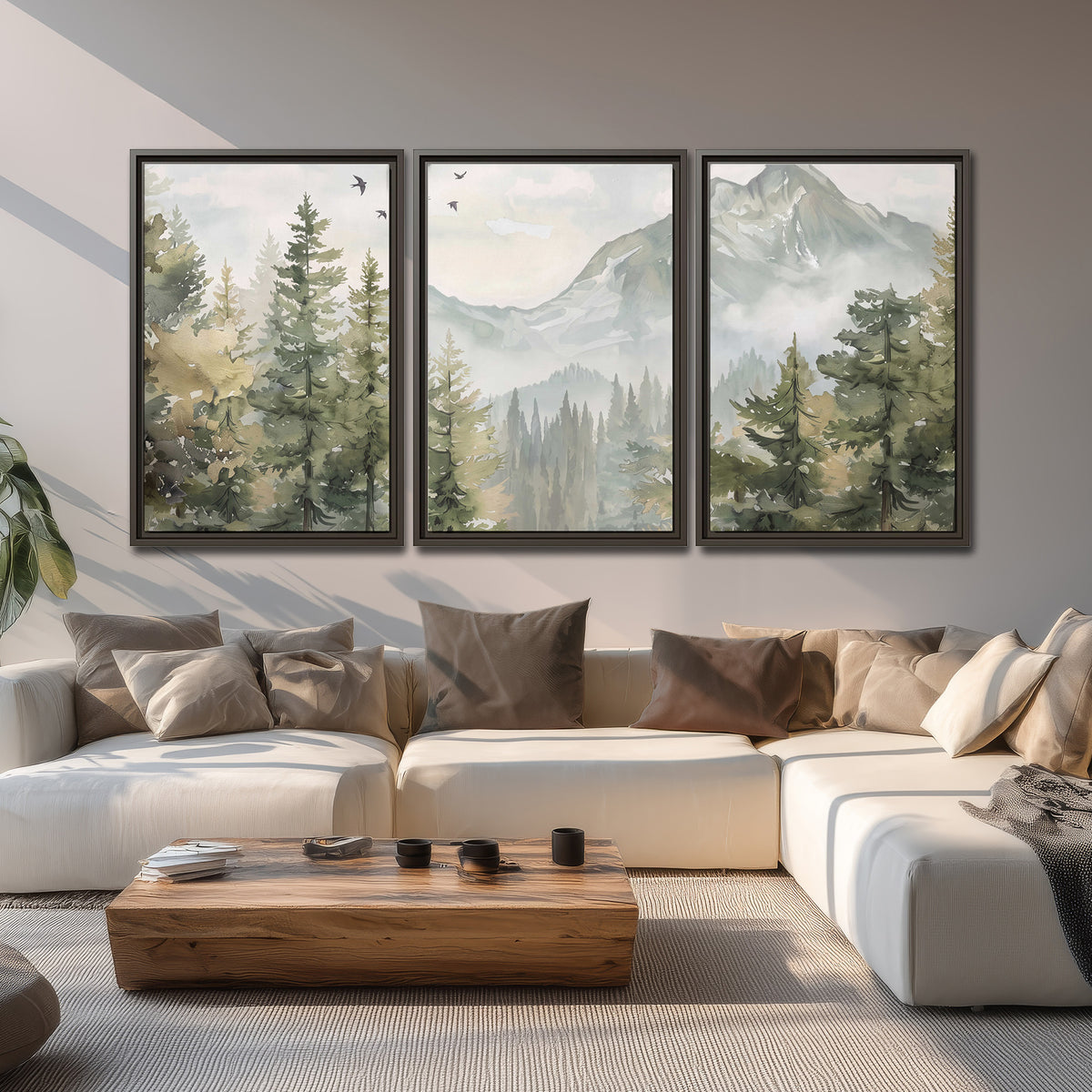 Soft green mountain peaks and evergreen trees beneath birds 3 piece framed canvas wall art displayed in a living room