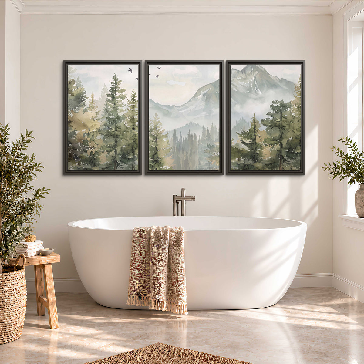 Soft green mountain peaks and evergreen trees beneath birds 3 piece framed canvas wall art styled in an interior