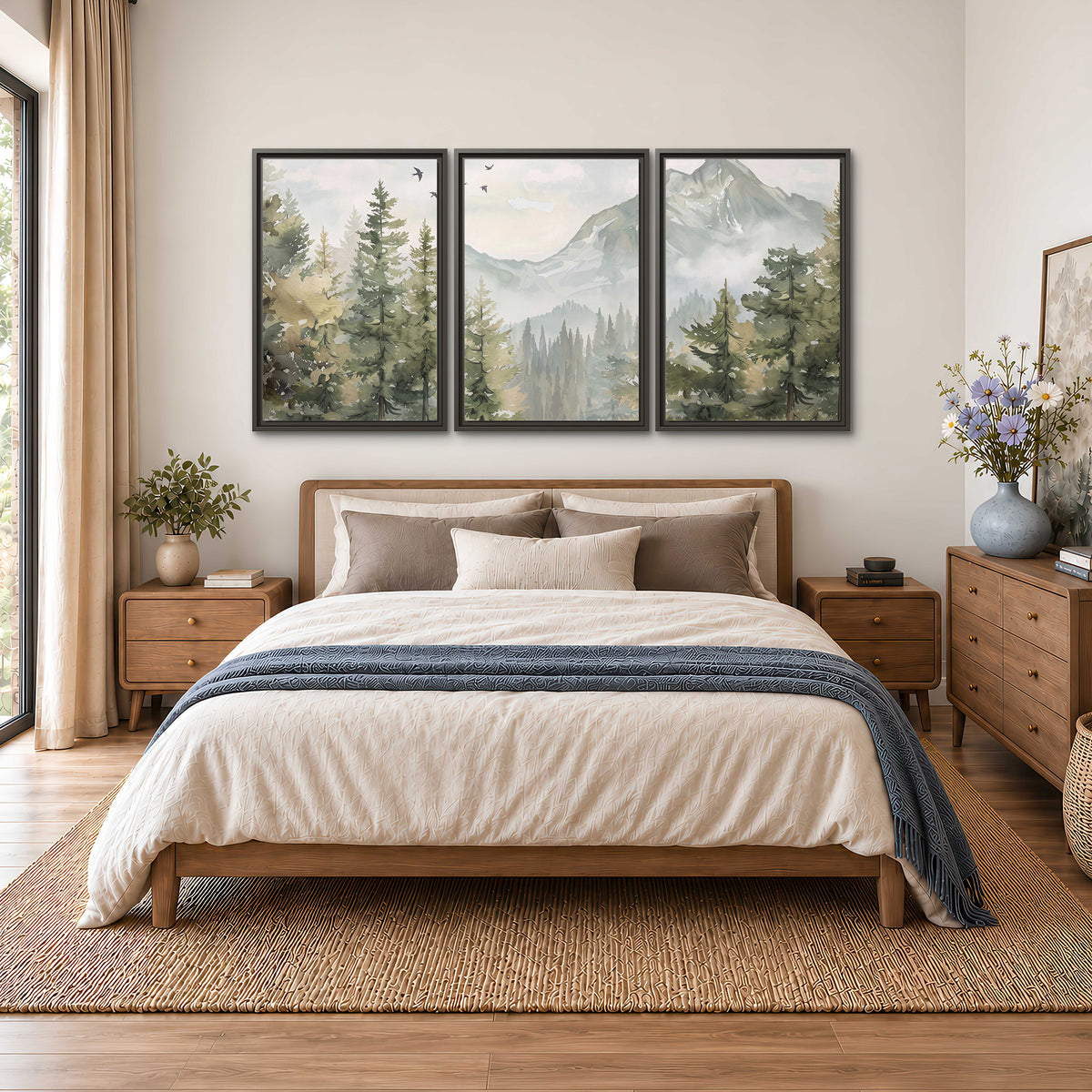 Soft green mountain peaks and evergreen trees beneath birds 3 piece framed canvas wall art styled in an interior