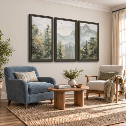 Soft green mountain peaks and evergreen trees beneath birds 3 piece framed canvas wall art styled in an interior
