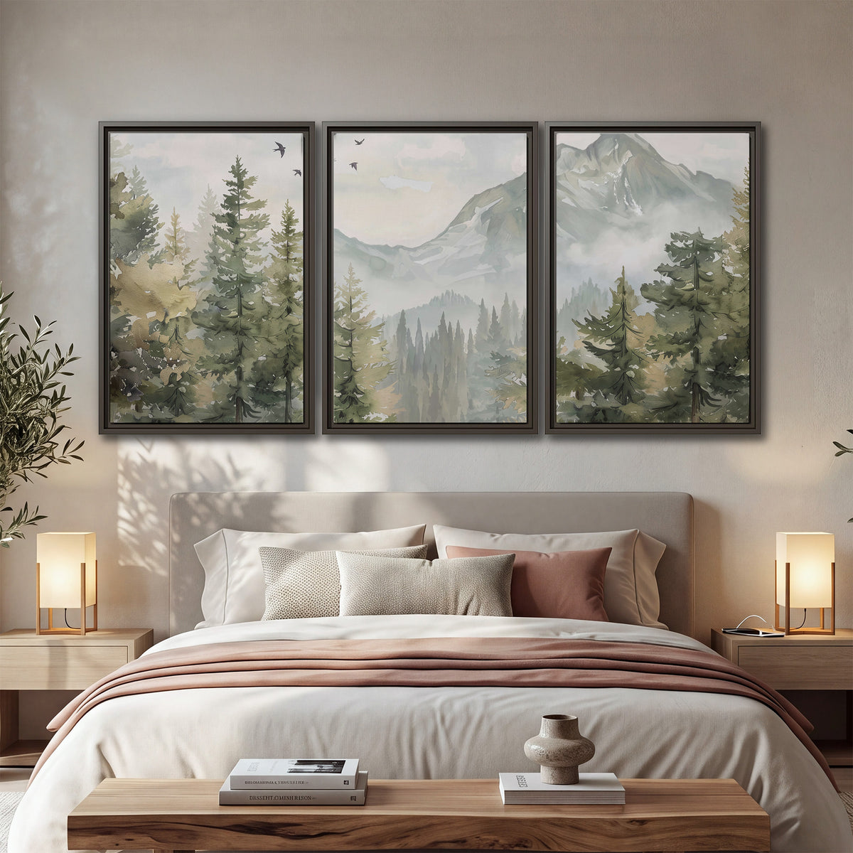 Soft green mountain peaks and evergreen trees beneath birds 3 piece framed canvas wall art displayed in a bedroom