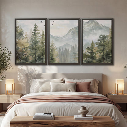 Soft green mountain peaks and evergreen trees beneath birds 3 piece framed canvas wall art displayed in a bedroom