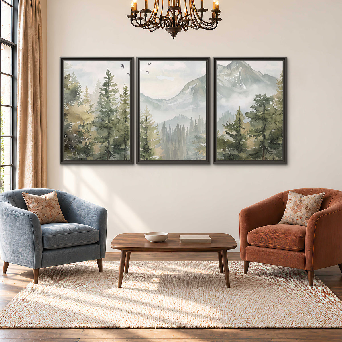 Soft green mountain peaks and evergreen trees beneath birds 3 piece framed canvas wall art styled in an interior