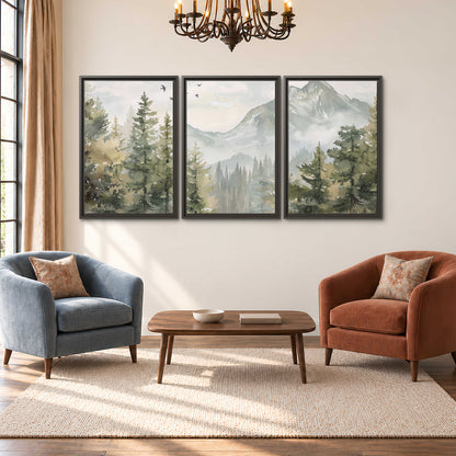 Soft green mountain peaks and evergreen trees beneath birds 3 piece framed canvas wall art styled in an interior