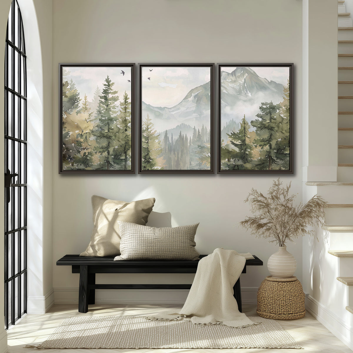 Soft green mountain peaks and evergreen trees beneath birds 3 piece framed canvas wall art displayed in a entryway