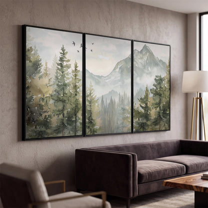 Soft green mountain peaks and evergreen trees beneath birds 3 piece framed canvas wall art displayed in a modern living room