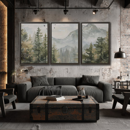 Soft green mountain peaks and evergreen trees beneath birds 3 piece framed canvas wall art displayed in a industrial room