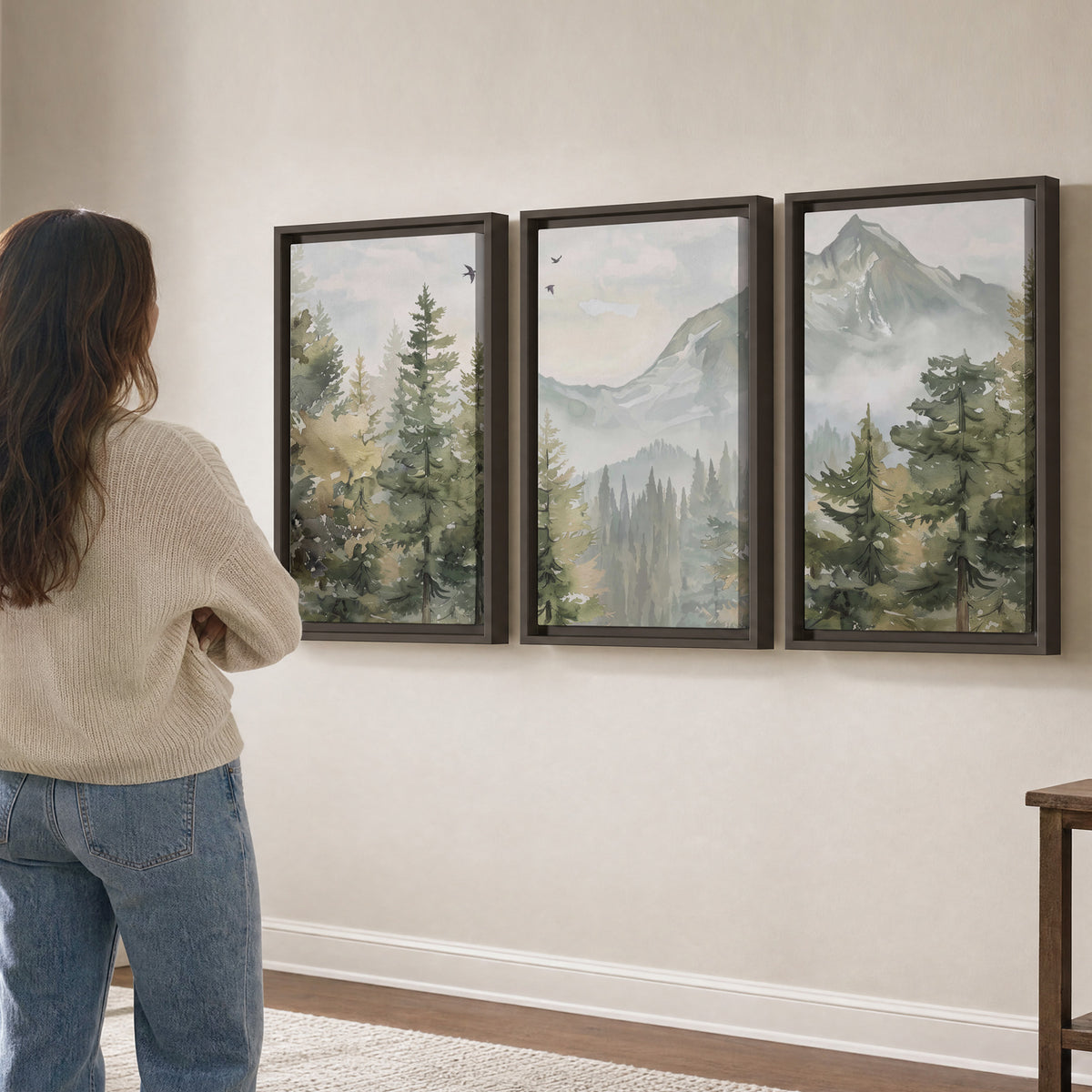 Soft green mountain peaks and evergreen trees beneath birds 3 piece framed canvas wall art three panel arrangement on a wall