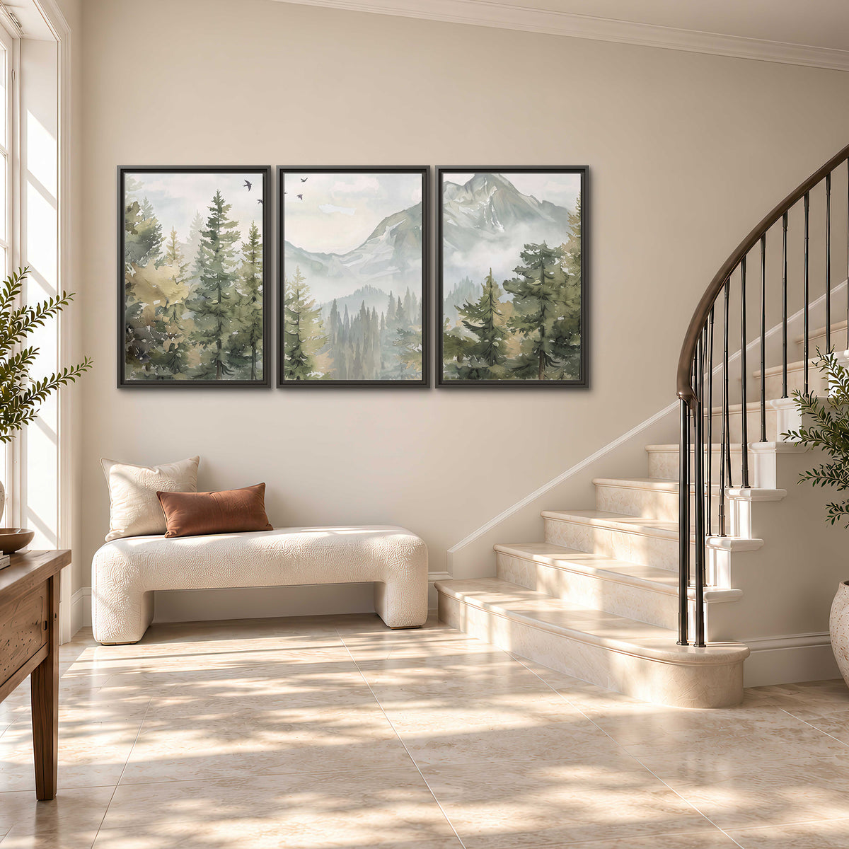 Soft green mountain peaks and evergreen trees beneath birds 3 piece framed canvas wall art styled in an interior