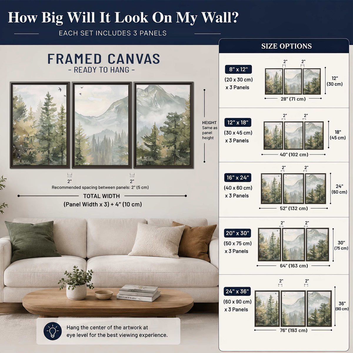 Soft green mountain peaks and evergreen trees beneath birds 3 piece framed canvas wall art size guide above a sofa; room view is illustrative