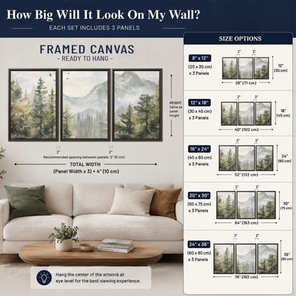 Soft green mountain peaks and evergreen trees beneath birds 3 piece framed canvas wall art size guide above a sofa; room view is illustrative