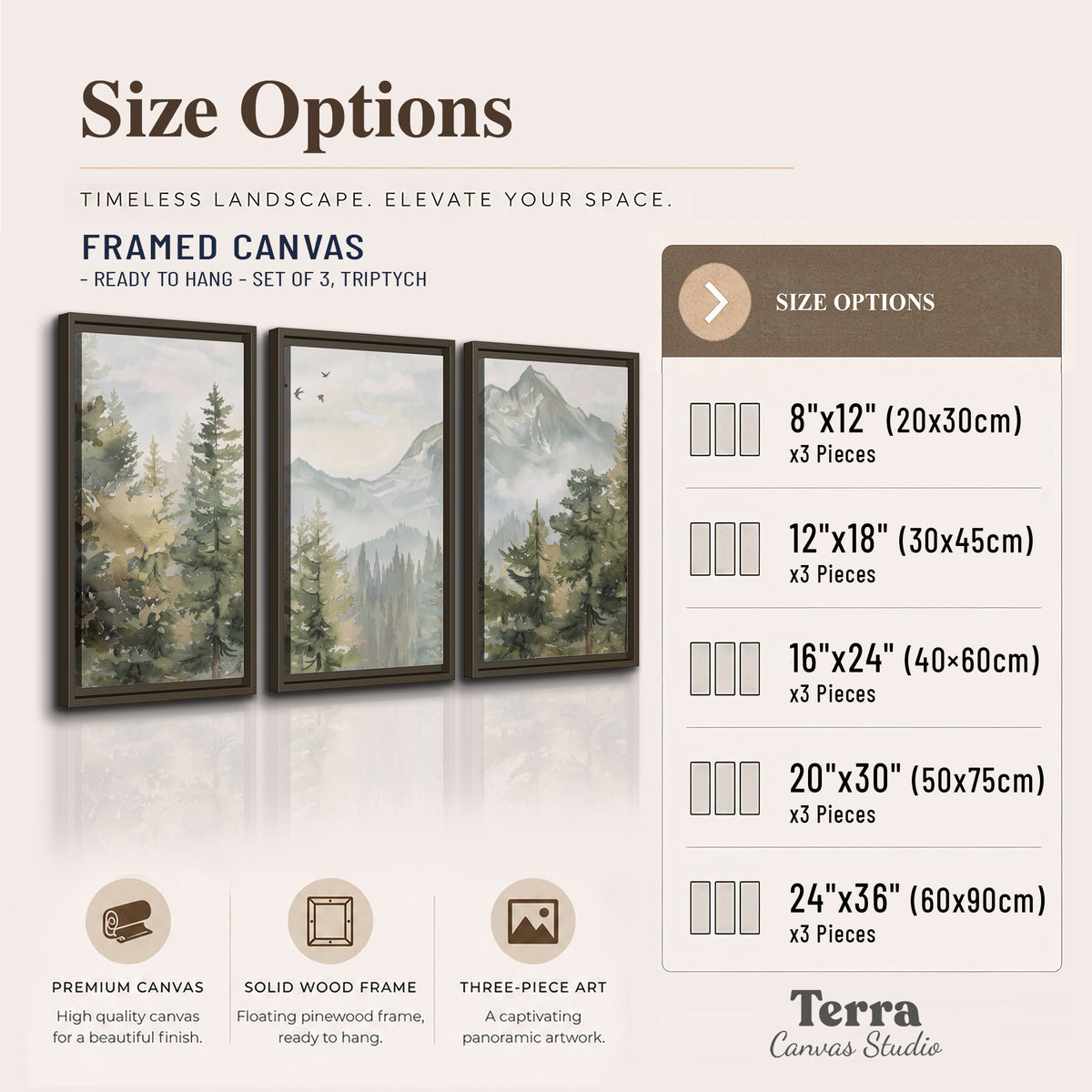 Soft green mountain peaks and evergreen trees beneath birds 3 piece framed canvas wall art available dimensions; triptych dimensions are per panel