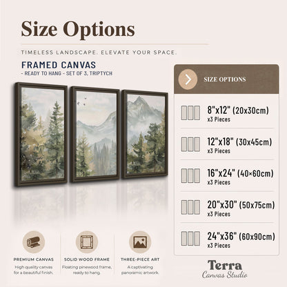 Soft green mountain peaks and evergreen trees beneath birds 3 piece framed canvas wall art available dimensions; triptych dimensions are per panel