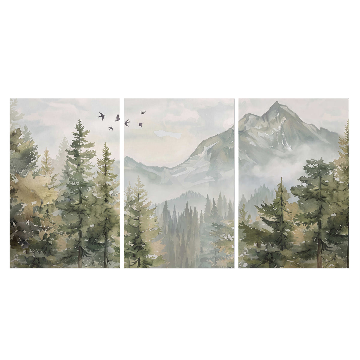 Soft green mountain peaks and evergreen trees beneath birds set of 3 poster prints viewed straight on