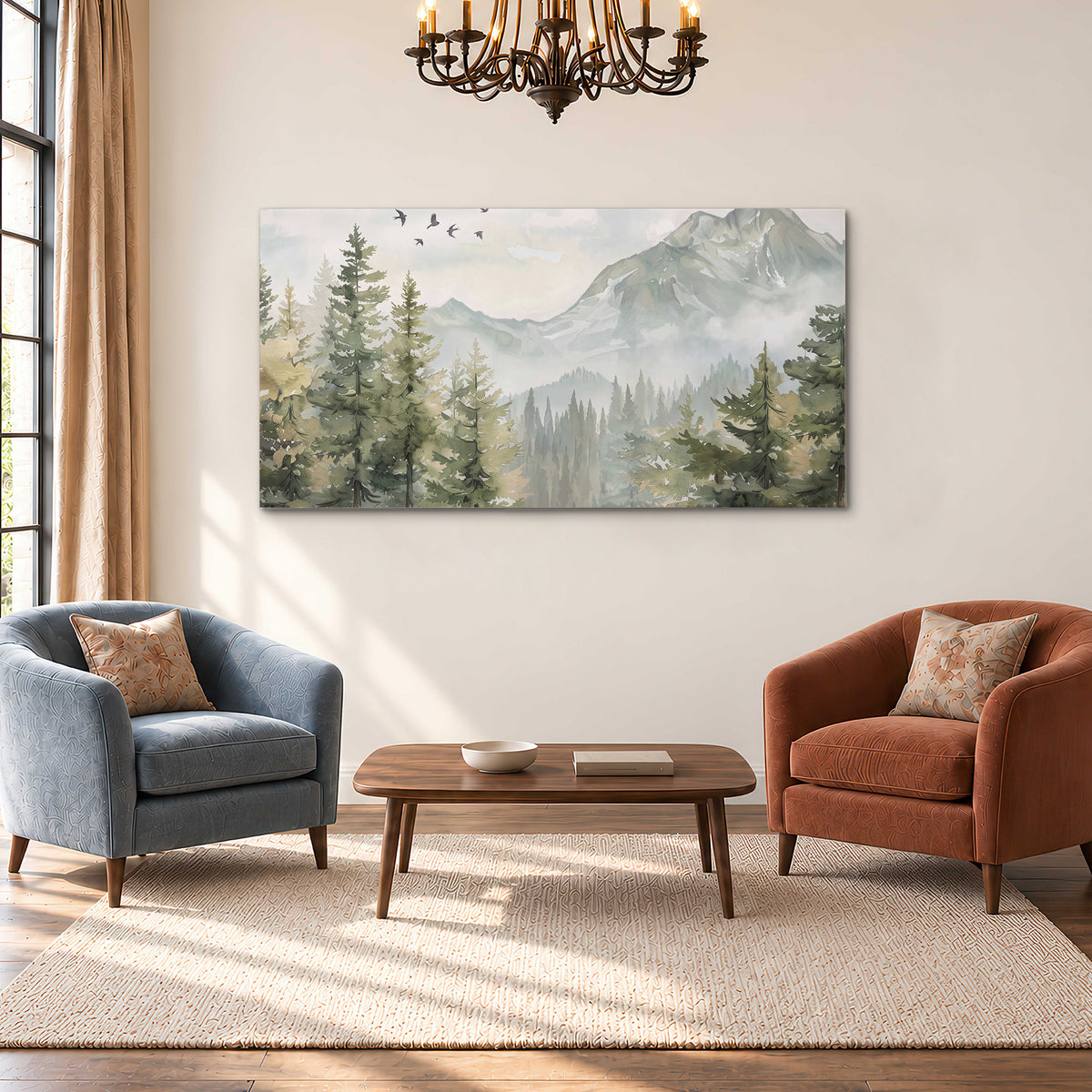 Soft green mountain peaks and evergreen trees beneath birds single canvas wall art styled in an interior