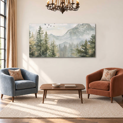 Soft green mountain peaks and evergreen trees beneath birds single canvas wall art styled in an interior