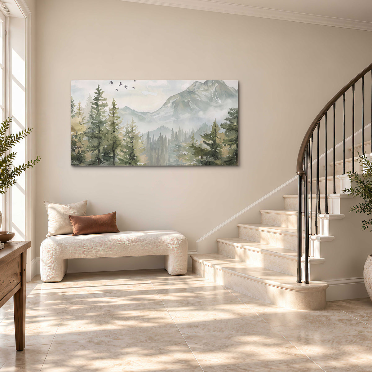 Soft green mountain peaks and evergreen trees beneath birds single canvas wall art styled in an interior