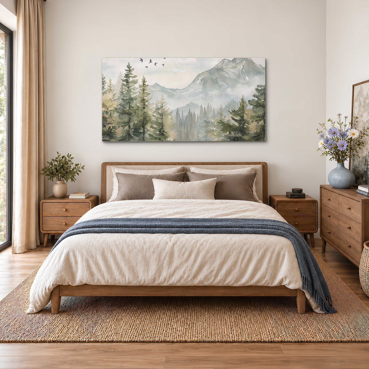 Soft green mountain peaks and evergreen trees beneath birds single canvas wall art styled in an interior