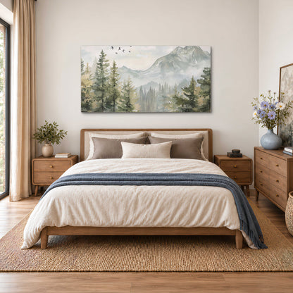 Soft green mountain peaks and evergreen trees beneath birds single canvas wall art styled in an interior