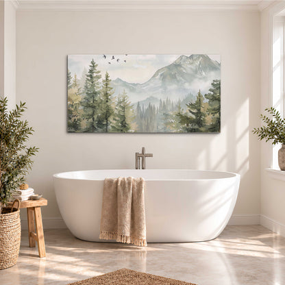 Soft green mountain peaks and evergreen trees beneath birds single canvas wall art styled in an interior