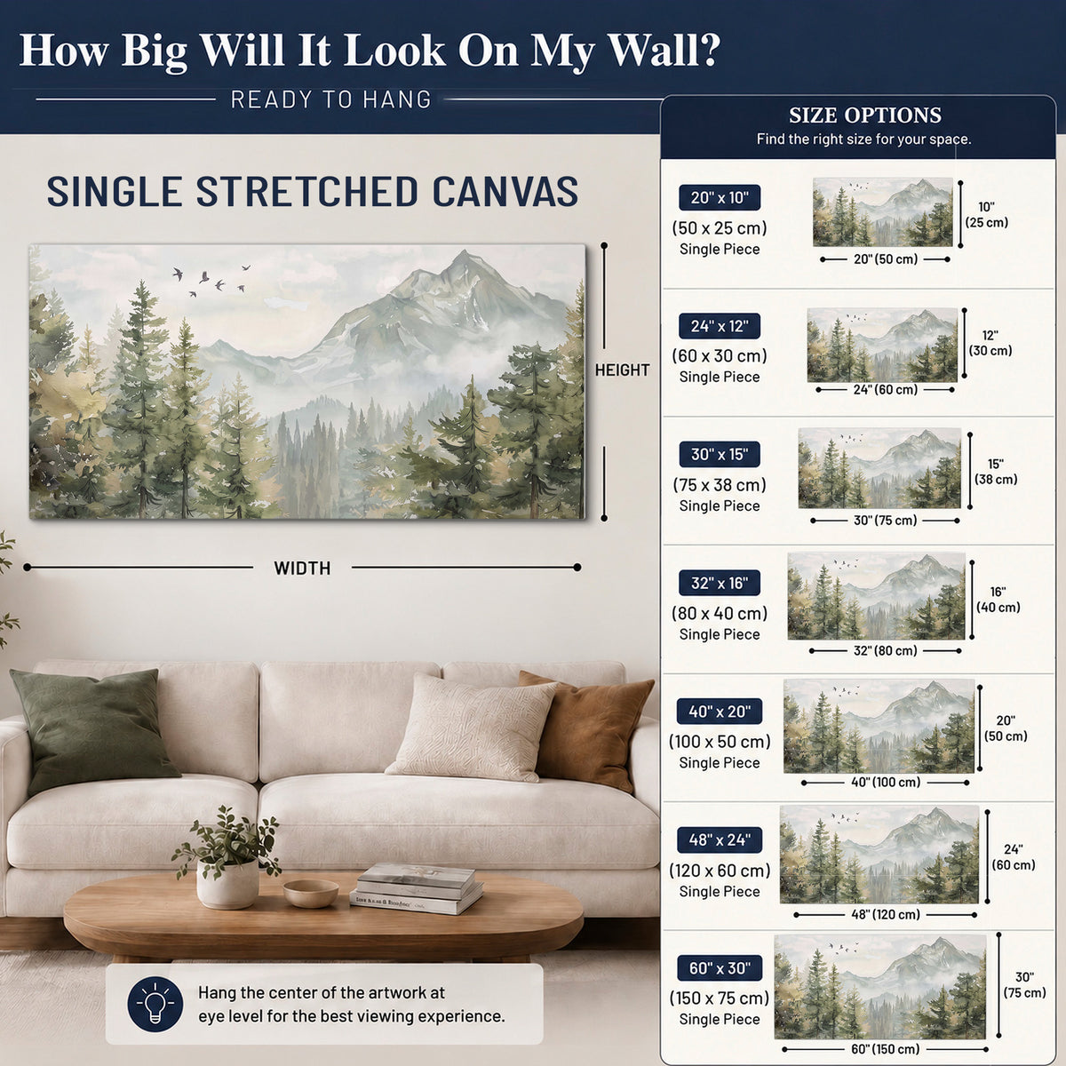 Soft green mountain peaks and evergreen trees beneath birds single canvas wall art size guide above a sofa; room view is illustrative