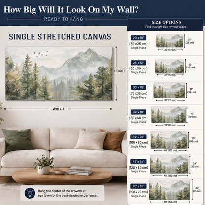 Soft green mountain peaks and evergreen trees beneath birds single canvas wall art size guide above a sofa; room view is illustrative