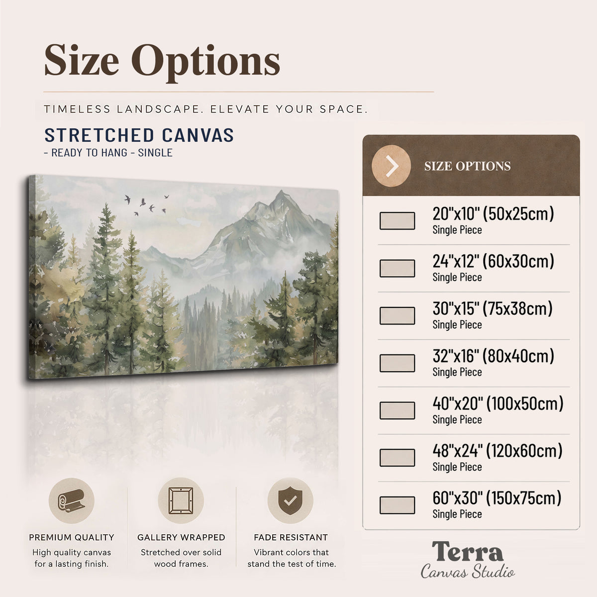 Soft green mountain peaks and evergreen trees beneath birds single canvas wall art available dimensions