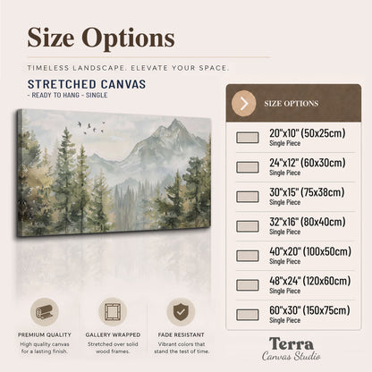 Soft green mountain peaks and evergreen trees beneath birds single canvas wall art available dimensions