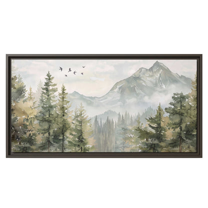 Soft green mountain peaks and evergreen trees beneath birds single framed canvas wall art viewed straight on