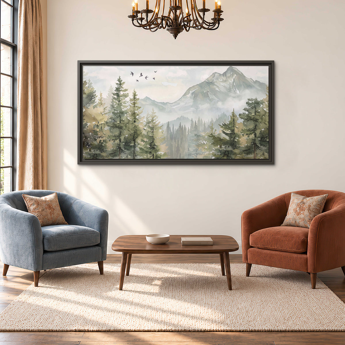 Soft green mountain peaks and evergreen trees beneath birds single framed canvas wall art styled in an interior