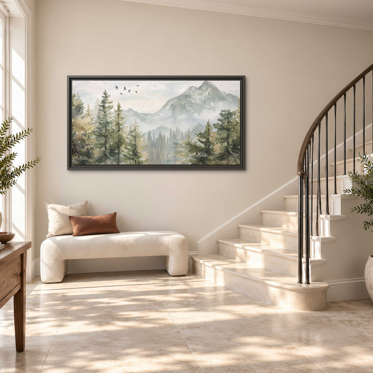 Soft green mountain peaks and evergreen trees beneath birds single framed canvas wall art styled in an interior