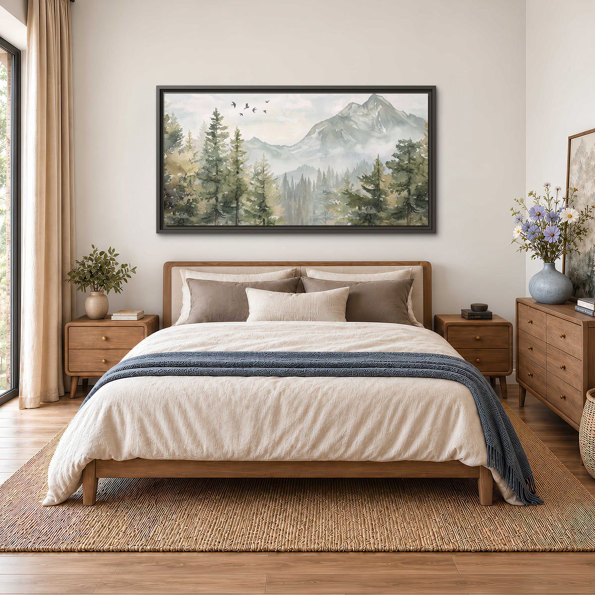 Soft green mountain peaks and evergreen trees beneath birds single framed canvas wall art styled in an interior