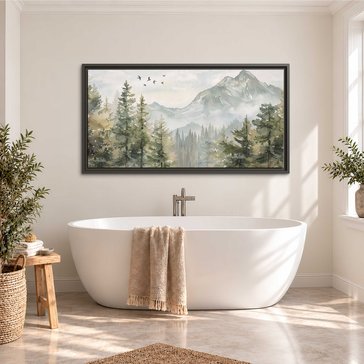 Soft green mountain peaks and evergreen trees beneath birds single framed canvas wall art styled in an interior
